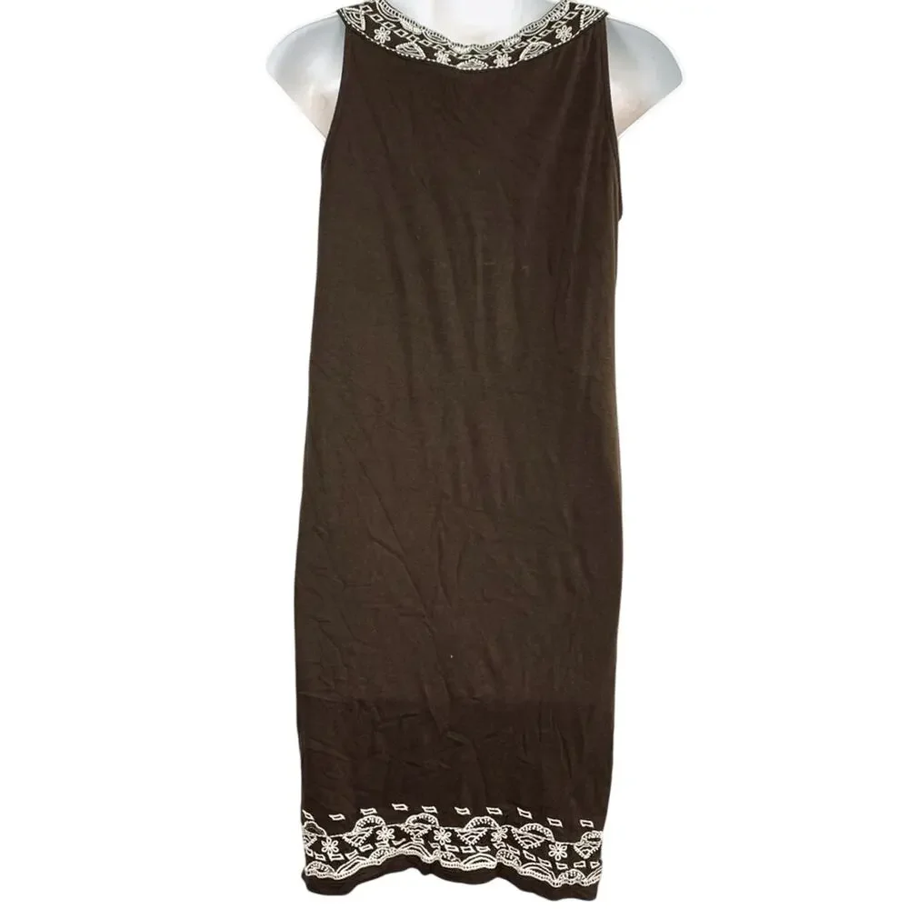 Charter Club Petite Womens Brown Beaded Embroidered Sleeveless Dress PP XS
